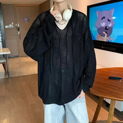 HEARUJOY  -  Men V-neck Long Sleeve Knit Shirts Loose Elastic Hollow knit Sweater T-shirt Slightly Transparent Knitted Sweaters Streetwear