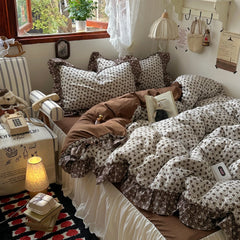 YICKYUE  -  Ins Princess Bedding Sets Vintage French Pastoral Flowers Lace Ruffles Girls Duvet Cover Set Pillowcase For Home Bedroom