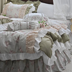 YICKYUE  -  Luxury French King Duvet Cover Set Retro Princess Style Pastoral Floral Cotton Bed Skirt Bedding Quilt Cover Bedding Set