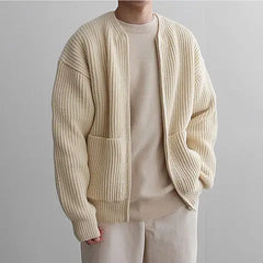 Hearujoy Autumn Korean Elegant Pocket Sweater Jacket High Street Casual Solid Color Zipper Knitted Cardigan Men Simple Zipper Cardigan