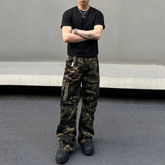 Hearujoy Mens Denim Trousers Vintage American Retro High Street Camouflage Functional Design Straight Durable Versatile Trousers Summer