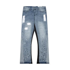 Hearujoy high street splashed ink ripped patchwork jeans for men and women trendy brand American straight slim micro-flared trousers