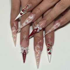 YICKYUE  -  New 24pcs Gothic White Lace Print Black French 3D Bow Pearl Long Nail False Detachable&Wearable Press on Nails for Women&Girls