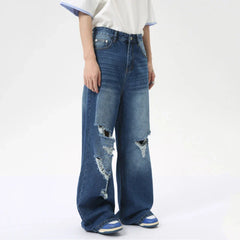 Hearujoy Personality Male Straight Jeans Hole Worn-out Loose Wide Leg Denim Pants Washed Casual Men's Trousers Summer 9C6281