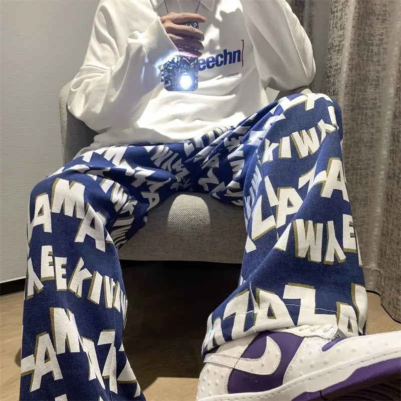 HEARUJOY  -  High Street Letter Printed Casual Pants Fashionable and Versatile Loose and Comfortable Elastic Band Fashionable Straight Pant