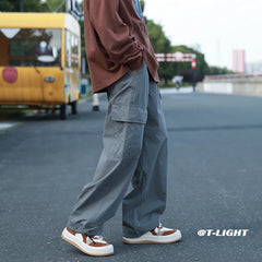 Hearujoy Vintage Cargo Pants Men Fashion Streetwear Pockets Wide Leg Straight Y2k Casual Trousers Baggy Drawstring Overalls Black/Gray