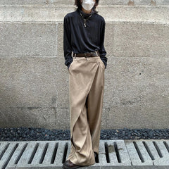 Hearujoy Mens Chinese Style Pleated Splicing Double Layer Irregular Solid Color Culottes Genderless Fashion Trend Casual Wide Leg Pants
