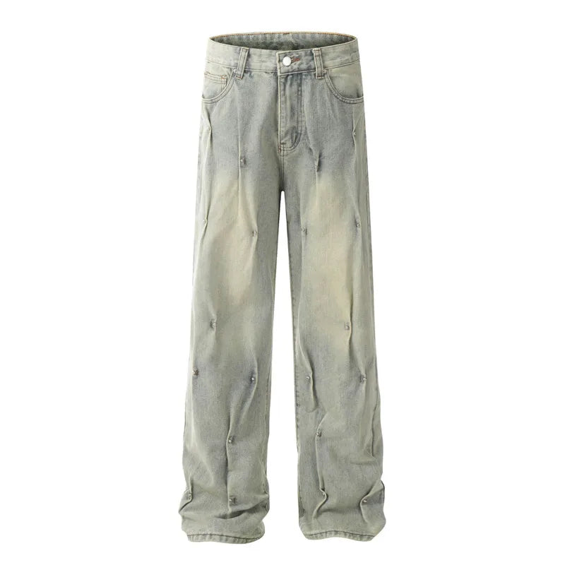 Hearujoy Washed Riveted Folded Niche Design Jeans Men Worn Out Denim Pants 2024 Summer New Fashion Boot Cut Trousers Male 9C6625