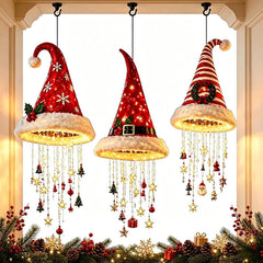 YICKYUE  -  Christmas Santa Hat Chandelier Warm LED Glowing Christmas Ornaments Hanging Chandelier Lighted Xmas Party Decor