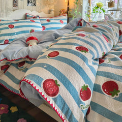 YICKYUE  -  3/4Pcs Bedding Set Korean Cute Core Tomato Print Duvet Cover Double Bed Full-Size Minimalist Bed Sheet Pillowcase Four-Season