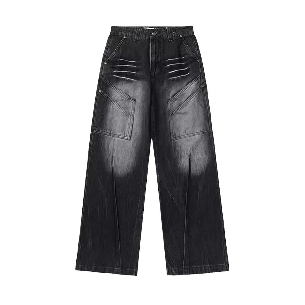 Hearujoy Dark Men's Trousers Washed Gradient Large Pocket Workwear Jeans Design Autumn Fashion Casual Streetwear Sensual Unisex Clothing