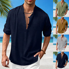 HEARUJOY  -  Mens Casual Fashion Comfortable Stand Up Long Sleeve Beach Shirt Loose Wrinkle-Free Men'S Checkered Shirt