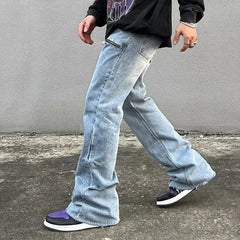HEARUJOY  -  Y2K Fashion Zipper Retro Washed Baggy Flare Jeans Pants Men Streetwear Hip Hop Wide Leg Straight Denim Trousers Ropa Hombre