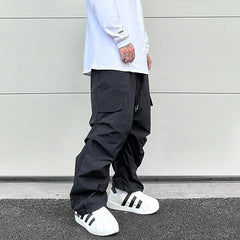 Hearujoy Y2k Black Pleated Pantalones Hombre Baggy Cargos for Men Functional Style Straight Solid Casual Functional Rubber Pants