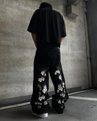 Hearujoy Black Baggy White Cherry Blossoms Print Jeans Y2k Retro Multiple Pockets Straight Wide Leg Denim Pants Men Women Rock Streetwear