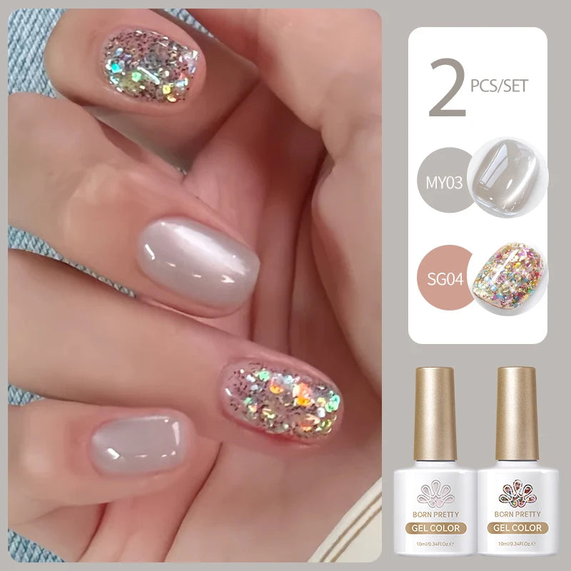 YICKYUE  -  2Pcs Gel Nail Polish Set Kits Blue Glass Moonlight Cat Magnetic Gel with Sparkling Glitter Soak Off UV LED Varnish