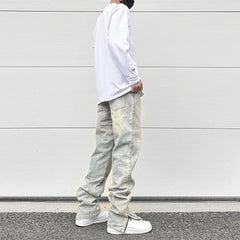 Hearujoy Streetwear Vibe Distressed Washed Trousers Jeans Yellow Mud Dyed Zipper Split Slim Straight Jeans Men Retro Jeans Vintage Y2k