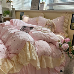 YICKYUE  -  Korean Bedding Set Luxury Quilt Cover Pillowcase Flat Bed Sheet Skirt Fitted Sheet Girl Princess Ruffle Home Textile Christmas