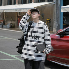 HEARUJOY  -  Loose Fit Men's Long Sleeve T Shirt 2026 Spring Autumn Striped Round Neck Base Layer Top Trendy Ins Hong Kong Style Couple Set