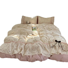 YICKYUE  -  3/4Pcs Bedding Set Euro Princess Bedding Duvet Cover Cotton 100% Lace Bow Bed Linen With Ruffles Double Bed Lace Pillowcase