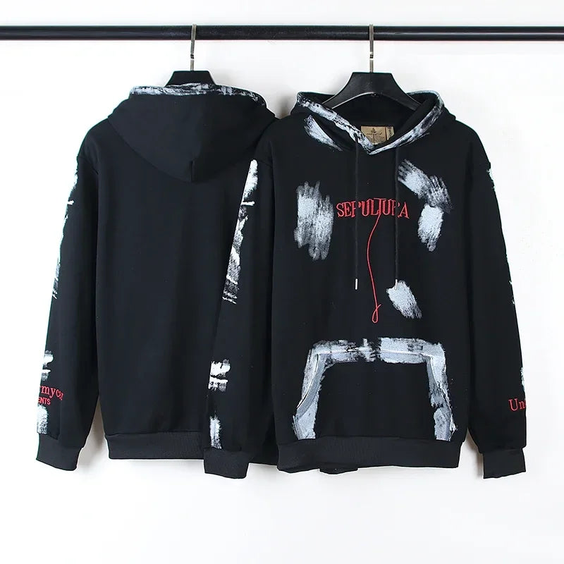 Hearujoy Retro Distressed Graffiti Letter Embroidery Washed Black Sweatshirts Mens and Womens Pullover Ropa Hombre Baggy Hooded Hoodies
