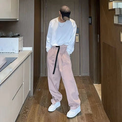 Hearujoy Men's Retro Solid Color Belt Wide-Leg Overalls American Street Hip-Hop Casual Trend Loose Comfortable Simple Straight Trousers