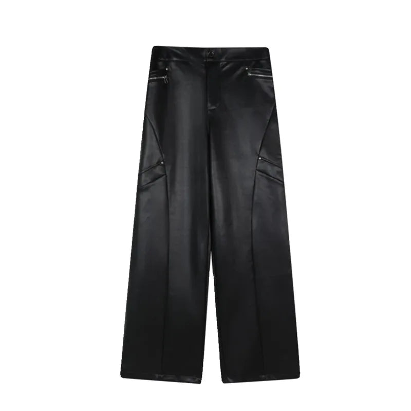 Hearujoy Men's Trousers New Fashionable PU Leather Wide Leg Casual Pants Korean Style Versatile Baggy Strtwear Trend Male C2993
