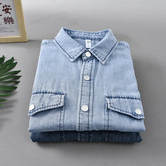 HEARUJOY  -  Men's Vintage Washed Denim Shirt Jacket 100% Cotton Chest Pocket Distressed Workwear Long Sleeve Casual Shirt for Spring Summer
