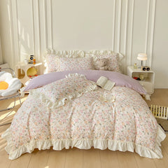 YICKYUE  -  Floral Print Korean Style Princess Lace Ruffles 100% Cotton Bedding Set Duvet Cover Bed Sheet/Fitted Sheet Pillowcases 3/4Pcs