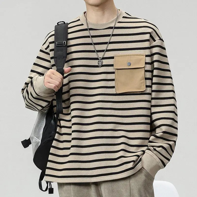 Hearujoy Men's Striped Long Sleeved T-shirt Men's Trendy T-shirt Men's Hoodie Men's Base Shirt Top