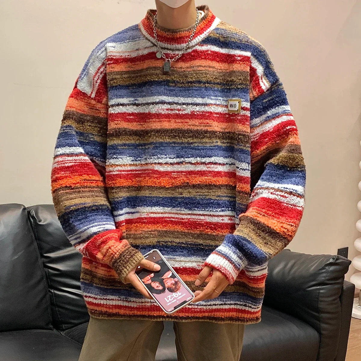 Hearujoy 2024 New Vintage Clashing Stripe Sweater Neutral Wind Trend Loose Couple Knitted Pullovers Round Neck Men Jumper