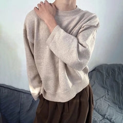 Hearujoy Mens Autumn Japanese Lazy Style Sweater 23 New Essential Round Neck Loose Casual Simple Solid Color Long-Sleeve Sweater For Men