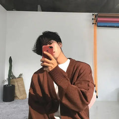 HEARUJOY  -  New Men's Clothing V-neck Single-breasted Men's Wear Knitted Sweater Loose Solid Color Knitted Cardigan Coat  Autumn D03