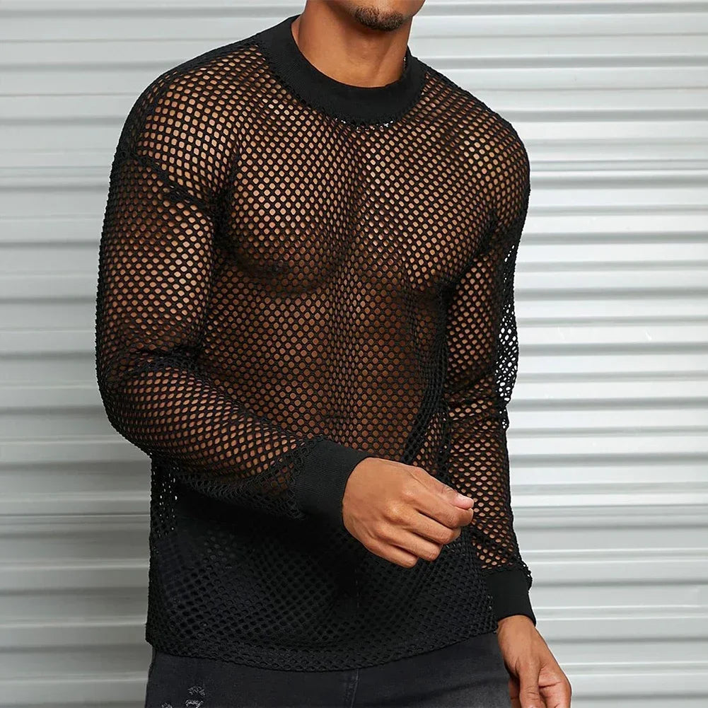 HEARUJOY  -  Breathable Fitness Shirt Hollow-Out T-Shirt Nightclub Fashion 2XL Breathable Mesh T-shirt For Men Hollow-out Fashionable Style