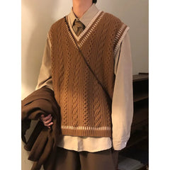 HEARUJOY  -  Preppy Style V Neck Knit Vest For Men Spring Autumn New Style Japanese Retro Sleeveless Sweater Vest Pullover Waistcoat Jacket