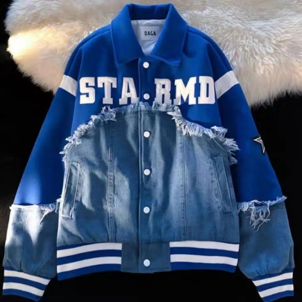 Hearujoy Retro Harajuku Patchwork Y2k Baseball Jean Jacket Casual Loose Couple Coat Hip Hop High Street Denim Jacket Women Streetwear