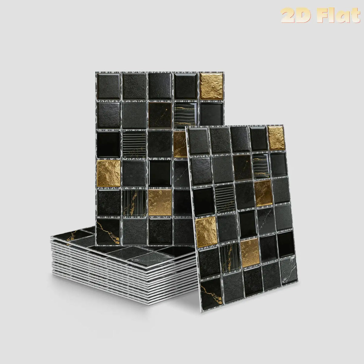 YICKYUE  -  2d Flat | 10/11/12/13 Pcs-Black & Gold Square Mosaic Peel And Stick-Self-Adhesive Wall Tiles-Independence Day/Birthday Decor