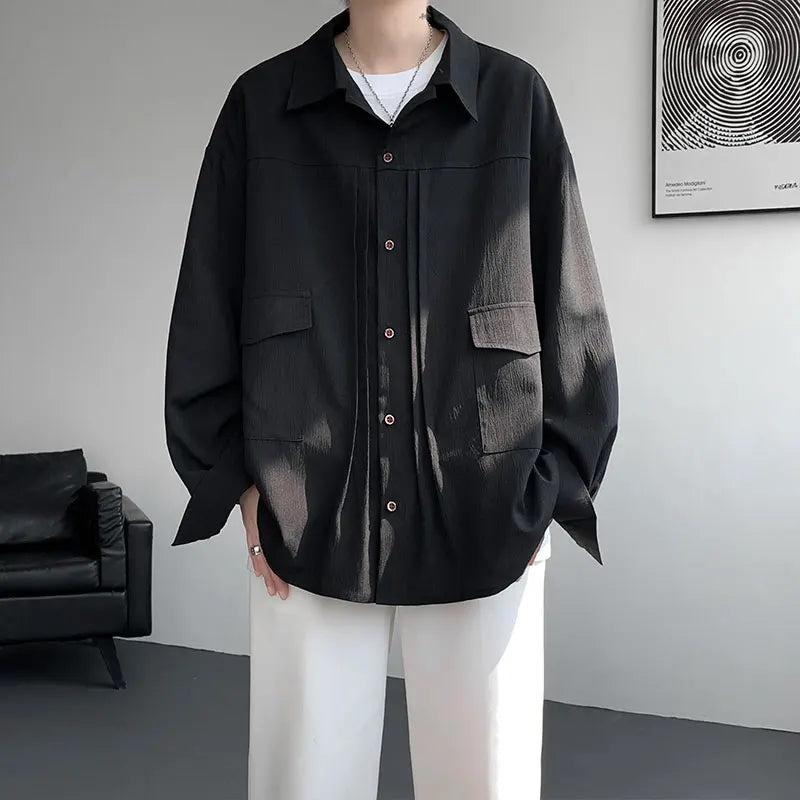 YICKYUE  -  Men's Solid Color Long Sleeve Casual Shirt M-XXXXXL Single Breasted Pocket Loose Fit Blouse Spring Autumn Top Streetwear