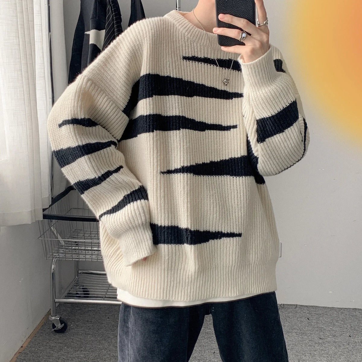 HEARUJOY  -  Men Knitted Loose Fit Male Jumpers O Neck Long Sleeve Striped Sweaters Pullovers Winter  High Street Slight Strech Basics