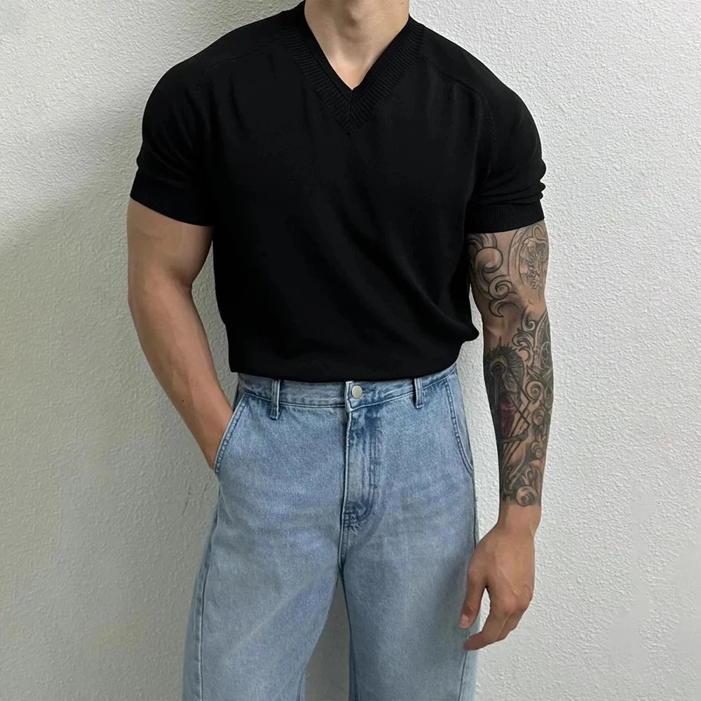 HEARUJOY  -  Summer New Men's Solid Color V-Neck T-Shirt American Retro Fashion Trend Simple Casual Loose Breathable Niche 2025 Men's Tops