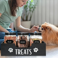 YICKYUE  -  Natural Wooden Pet Snack Box with 3 Sealed Plastic Containers - Airproof Cat & Dog Food Storage Organizer