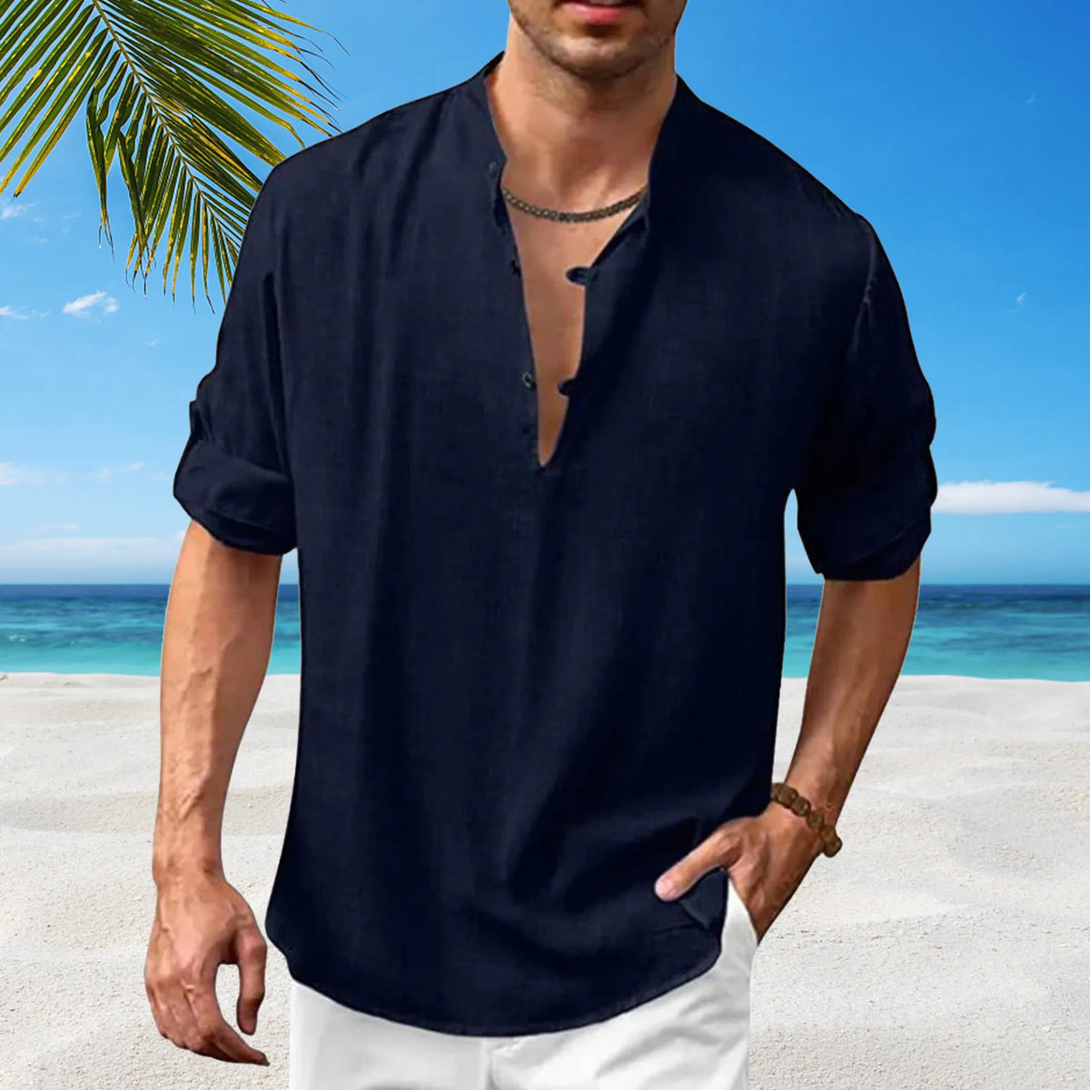 HEARUJOY  -  Mens Casual Fashion Comfortable Stand Up Long Sleeve Beach Shirt Loose Wrinkle-Free Men'S Checkered Shirt