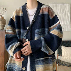 Hearujoy Men's Clothing Luxury Knit V Collar Patchwork Cardigan Sweater Coat Long Sleeve Korean Popular Leisure Oversized Knitwear M-3XL