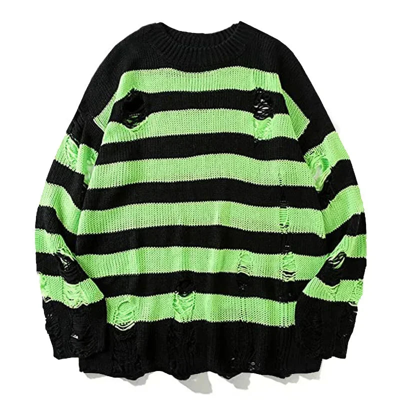HEARUJOY  -  Pullovers Men Sweaters Striped Hole Tops Knitted Round Neck Full Sleeve Splice Simple Top Knit Casual Loose Autumn Winter 2025