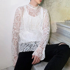 Hearujoy Mens see-through nightclub lace high-neck long-sleeved T-shirt autumn genderless fashion sexy hollow long-sleeved top unisex