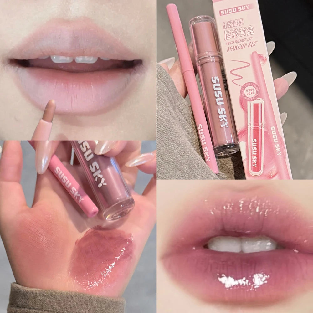 YICKYUE  -  2Pcs Grey Purple Mist Lip Makeup Set Matte Velvet Lip Gloss Lipliner Combo Plumping Long-lasting Non-drying Nude Peach Lip Glaze