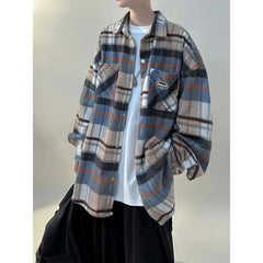 HEARUJOY  -  Trendy Blue Plaid Work Coat-like Brushed Shirt Jacket