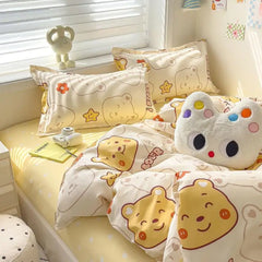 YICKYUE  -  A-Class Skin-Friendly Thickened Twill Bedding Set, Cartoon Pattern, College Dorm Single Bed 3/4 Pieces