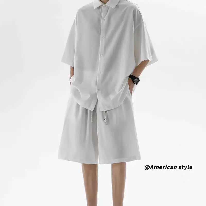 HEARUJOY  -  Summer White Shirt Set Men Fashion Shirts Shorts Two-piece Set Men Korean Loose Ice Silk Set Mens Formal Sets Large Size 5XL