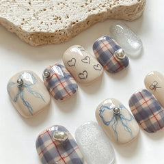 YICKYUE  -  30pcs Press on Nails Vintage Niche Style Red and Blue Checkered Bow Design Short Oval Shaped False Nails Perfect for Girls